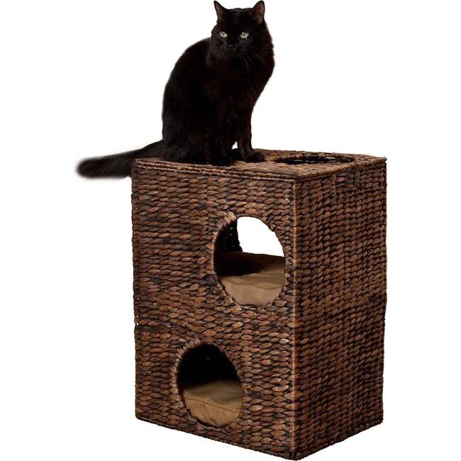 Jaxon 18" 2 Tier Handwoven Hyacinth Rectangular 5 Hole Pet Condo with 2 Machine Washable Cushions, Brown - Pet Accessories - 4