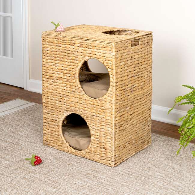 Jaxon 18" 2 Tier Handwoven Hyacinth Rectangular 5 Hole Pet Condo with 2 Machine Washable Cushions, Natural - Pet Accessories - 3
