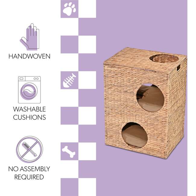 Jaxon 18" 2 Tier Handwoven Hyacinth Rectangular 5 Hole Pet Condo with 2 Machine Washable Cushions, Natural - Pet Accessories - 5