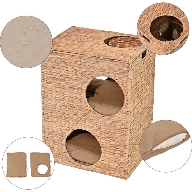 Jaxon 18" 2 Tier Handwoven Hyacinth Rectangular 5 Hole Pet Condo with 2 Machine Washable Cushions, Natural - Pet Accessories - 7