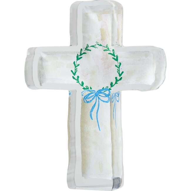 Acrylic Cross, Wreath with Blue Bow