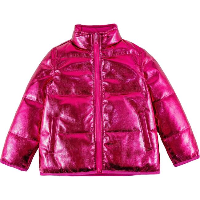 Jo High Neck Puffer 2-Pocket Zipper Down Jacket, Pink Metallic