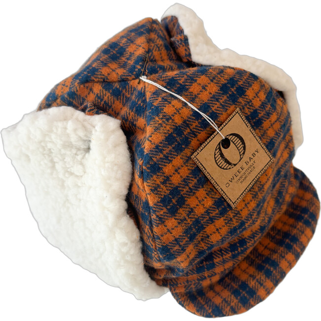 Winter Hat, Orange Navy Plaid with Velcro Straps