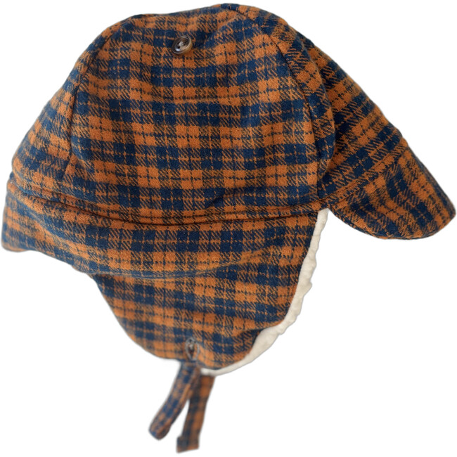 Winter Hat, Orange Navy Plaid with Velcro Straps - Winter Hats - 3