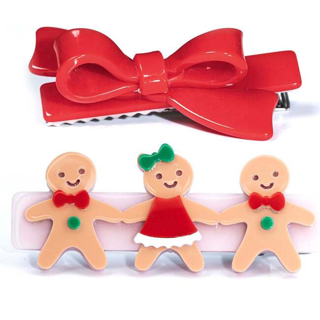Gingerbread Friends Red Bow Hair Clips