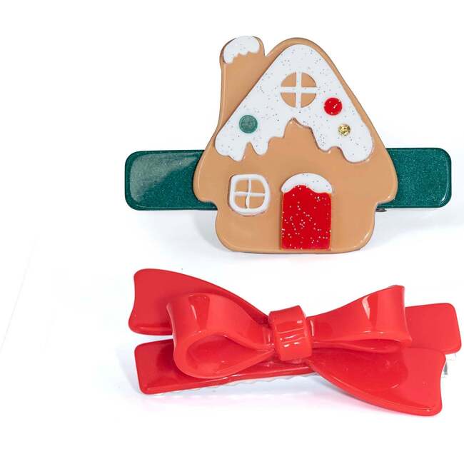 Gingerbread House Red Bow Hair Clips
