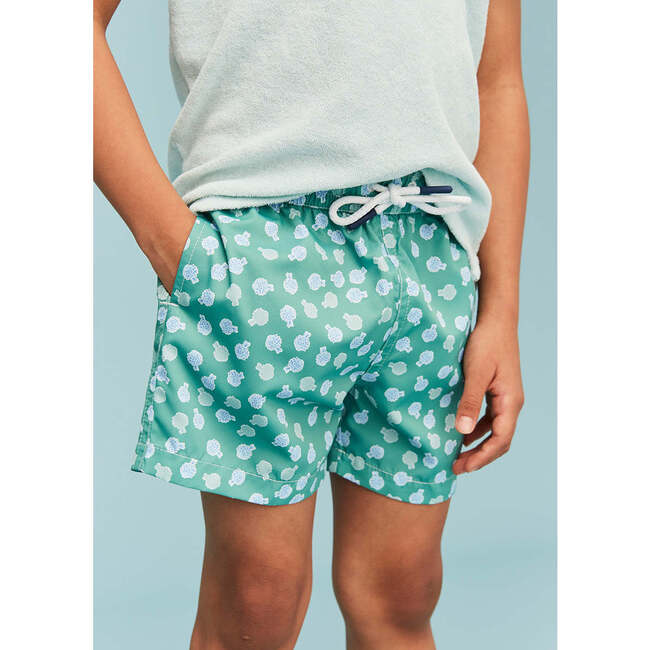 Boy's Swim Shorts, Green Puffer Fish