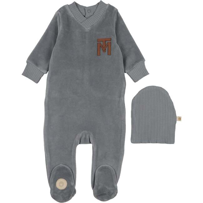 V-Neck Emblem Footie & Hat, Ocean Blue