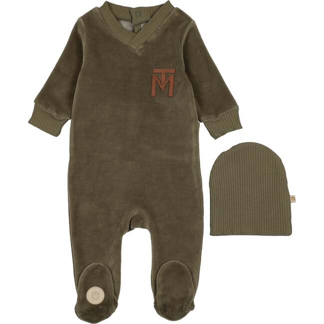 V-Neck Emblem Footie & Hat, Sage
