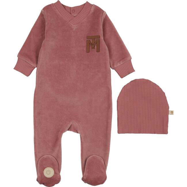 V-Neck Emblem Footie & Hat, Dark Rose