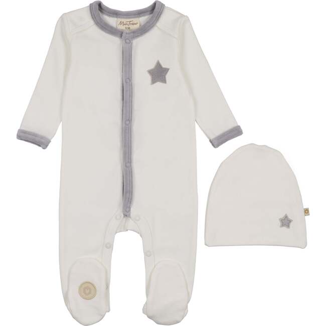 Star-Patch Velour Footie & Hat Set, Ivory & Blue