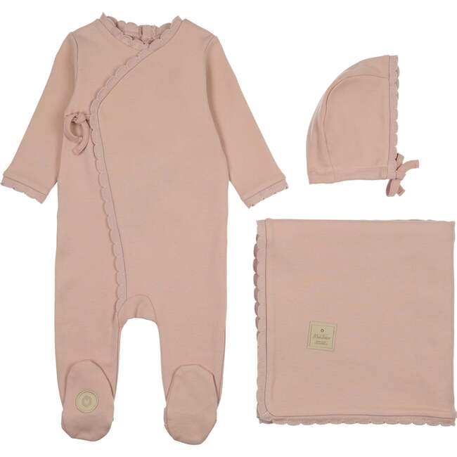 Knit Trim Wrap Layette Set, Pink Whip