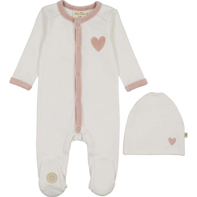 Heart-Patch Velour Footie & Hat Set, Ivory & Pink
