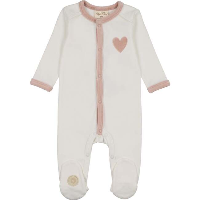 Heart-Patch Velour Footie, Ivory & Pink