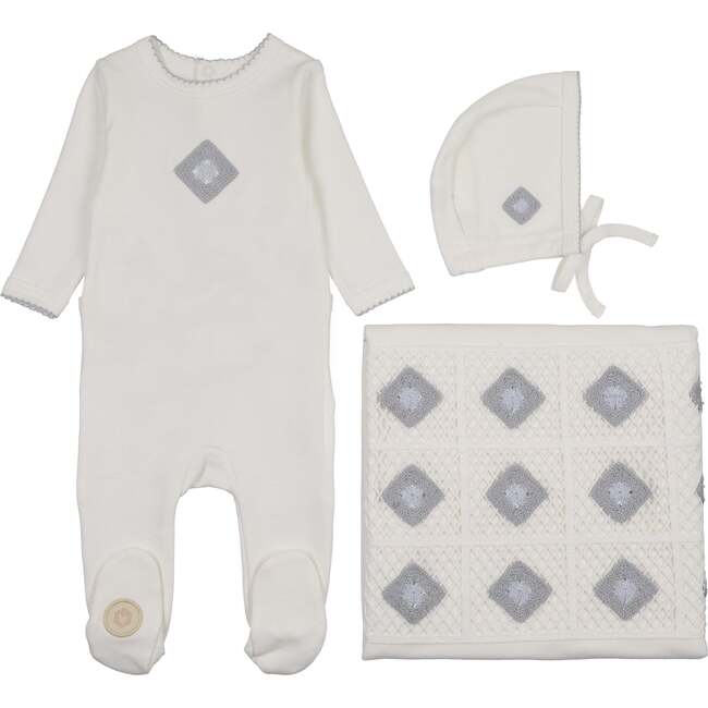 Geo-Floral Layette Set, Ivory & Blue