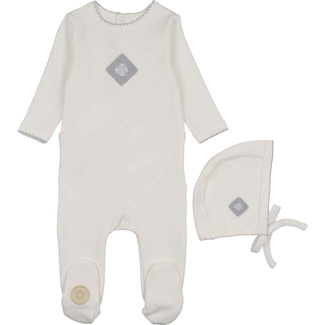 Geo-Floral Footie & Hat Set, Ivory & Blue