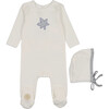 Blooming Leaf Footie & Hat Set, Ivory & Blue - Mixed Apparel Set - 1 - thumbnail