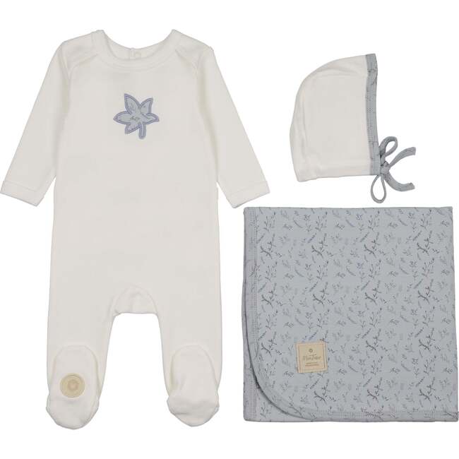 Blooming Leaf Layette Set, Ivory & Blue