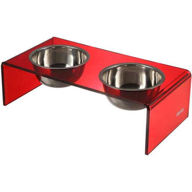 Keaton Modern Acrylic Rectangular Elevated Pet Feeder with 2 Stainless Steel Bowls, Red/Chrome
