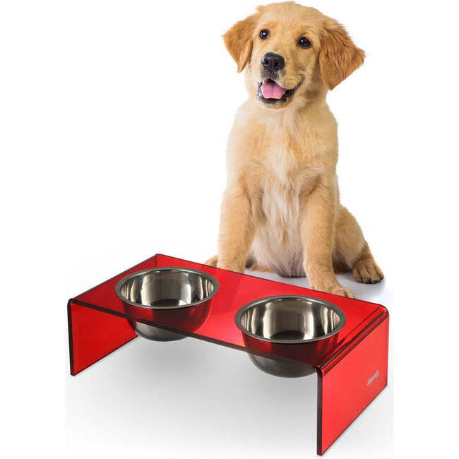 Keaton Modern Acrylic Rectangular Elevated Pet Feeder with 2 Stainless Steel Bowls, Red/Chrome - Pet Bowls & Feeders - 3