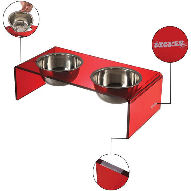 Keaton Modern Acrylic Rectangular Elevated Pet Feeder with 2 Stainless Steel Bowls, Red/Chrome - Pet Bowls & Feeders - 4
