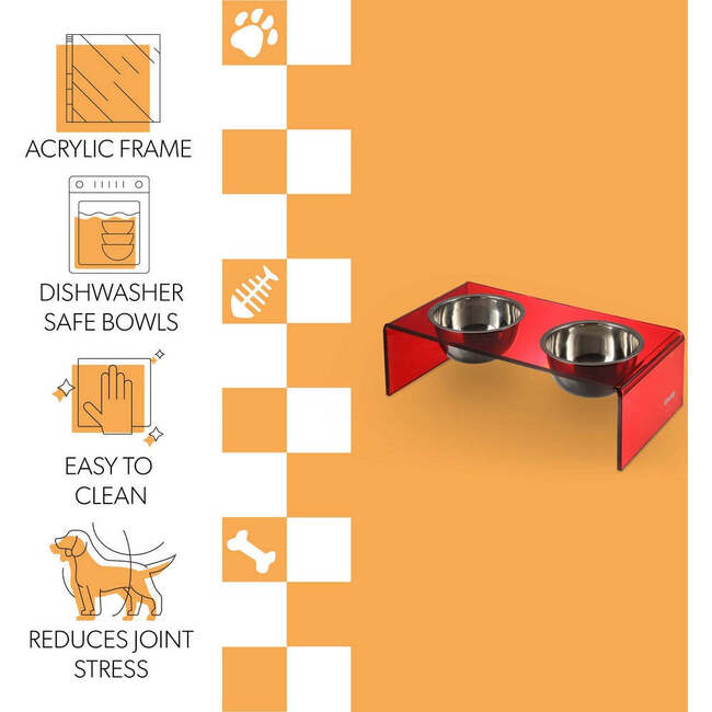 Keaton Modern Acrylic Rectangular Elevated Pet Feeder with 2 Stainless Steel Bowls, Red/Chrome - Pet Bowls & Feeders - 5