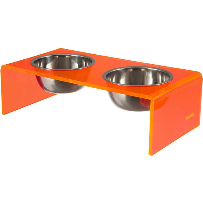 Keaton Modern Acrylic Rectangular Elevated Pet Feeder with 2 Stainless Steel Bowls, Pink/Chrome