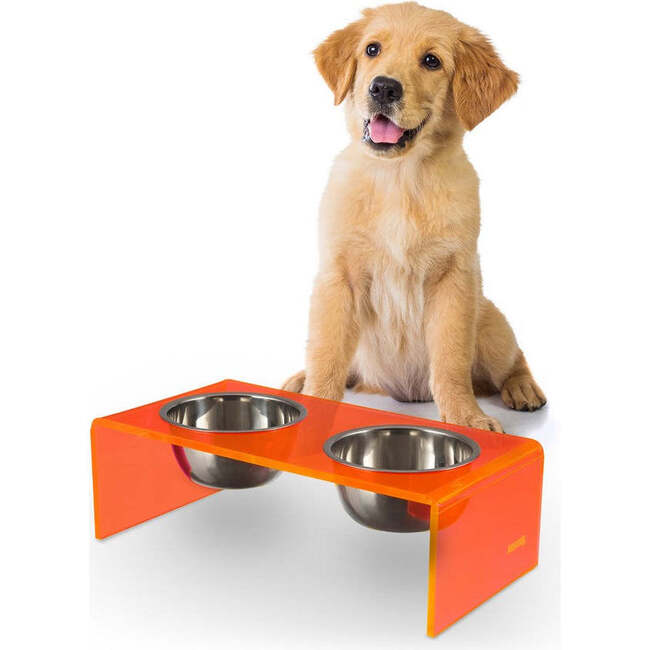 Keaton Modern Acrylic Rectangular Elevated Pet Feeder with 2 Stainless Steel Bowls, Pink/Chrome - Pet Bowls & Feeders - 3