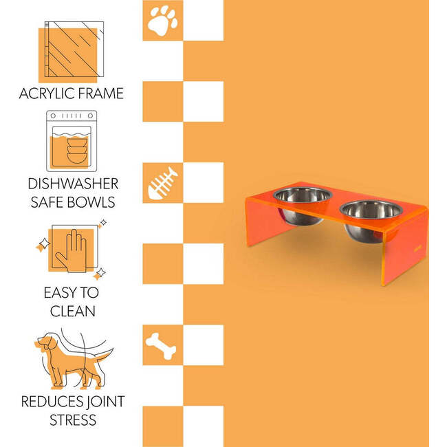 Keaton Modern Acrylic Rectangular Elevated Pet Feeder with 2 Stainless Steel Bowls, Pink/Chrome - Pet Bowls & Feeders - 5