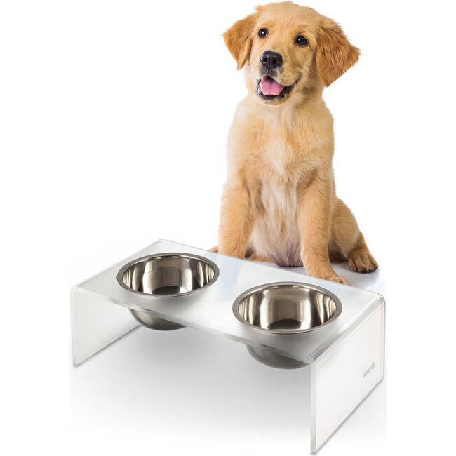 Keaton Modern Acrylic Rectangular Elevated Pet Feeder with 2 Stainless Steel Bowls, Moon White/Chrome - Pet Bowls & Feeders - 3