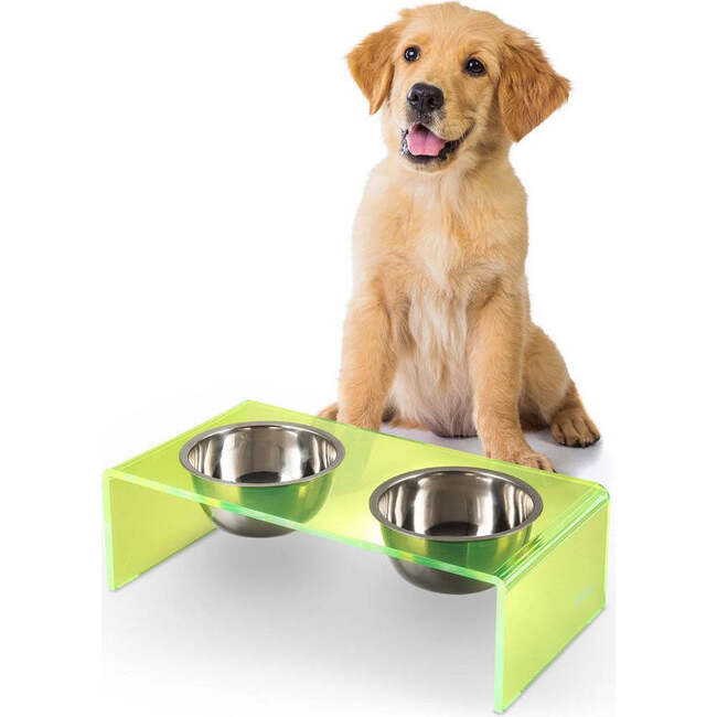 Keaton Modern Acrylic Rectangular Elevated Pet Feeder with 2 Stainless Steel Bowls, Green/Chrome - Pet Bowls & Feeders - 3