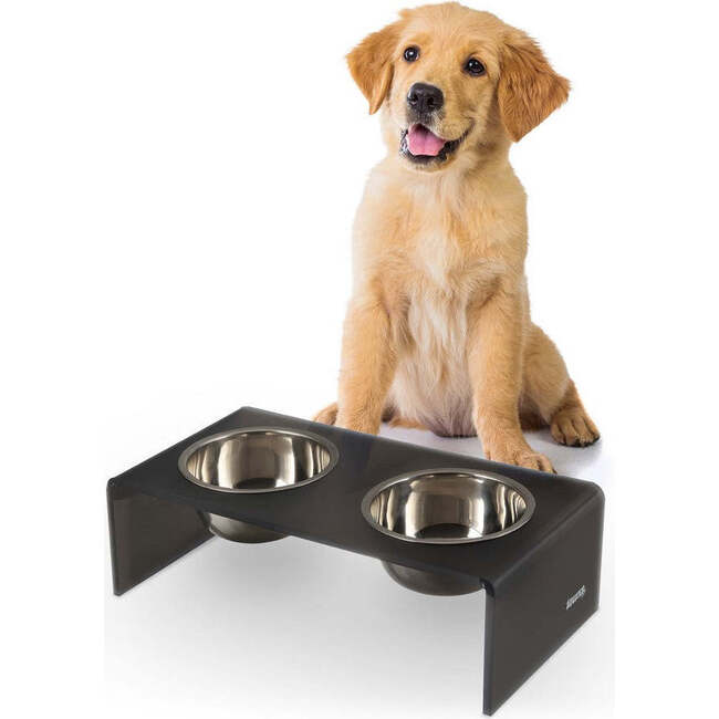 Keaton Modern Acrylic Rectangular Elevated Pet Feeder with 2 Stainless Steel Bowls, Dark Gray/Chrome - Pet Bowls & Feeders - 3