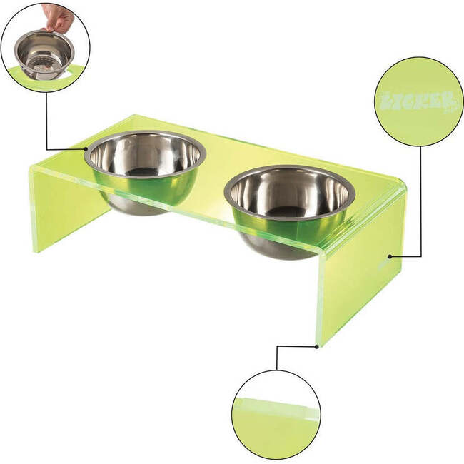 Keaton Modern Acrylic Rectangular Elevated Pet Feeder with 2 Stainless Steel Bowls, Green/Chrome - Pet Bowls & Feeders - 4