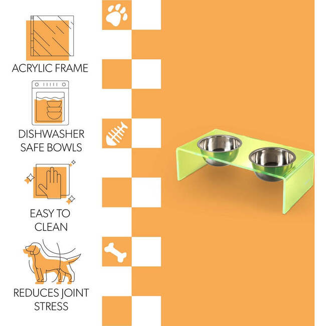 Keaton Modern Acrylic Rectangular Elevated Pet Feeder with 2 Stainless Steel Bowls, Green/Chrome - Pet Bowls & Feeders - 5