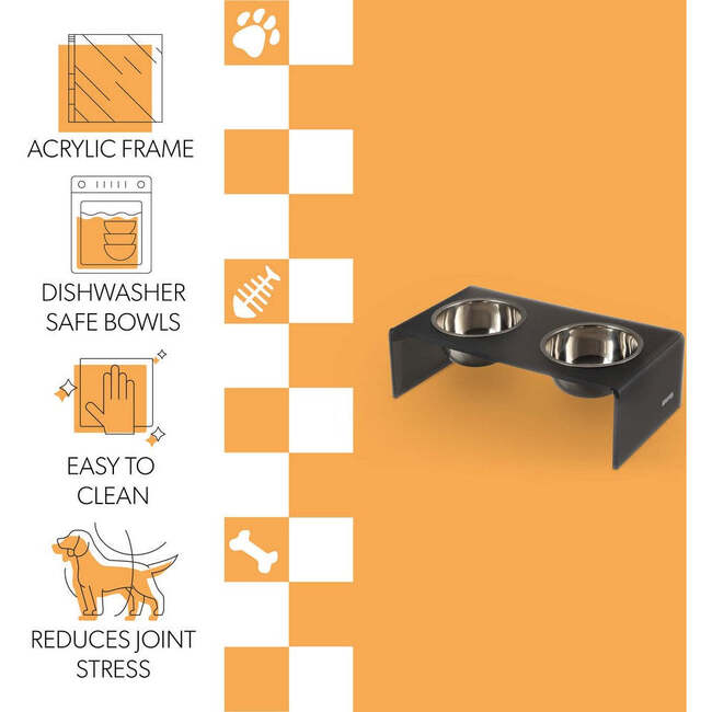 Keaton Modern Acrylic Rectangular Elevated Pet Feeder with 2 Stainless Steel Bowls, Dark Gray/Chrome - Pet Bowls & Feeders - 5