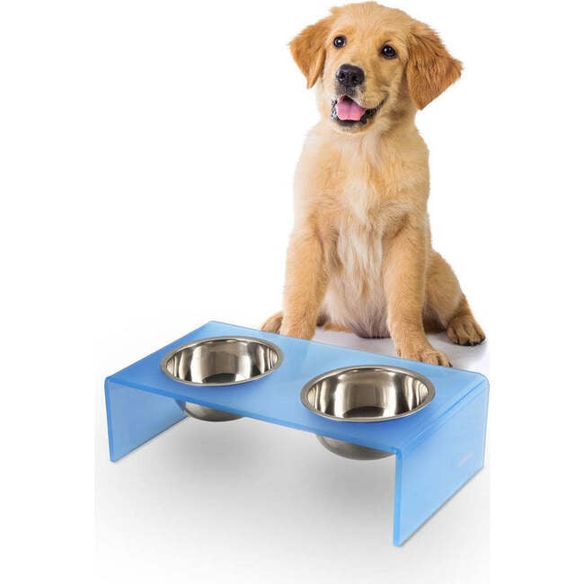 Keaton Modern Acrylic Rectangular Elevated Pet Feeder with 2 Stainless Steel Bowls, Blue/Chrome - Pet Bowls & Feeders - 3