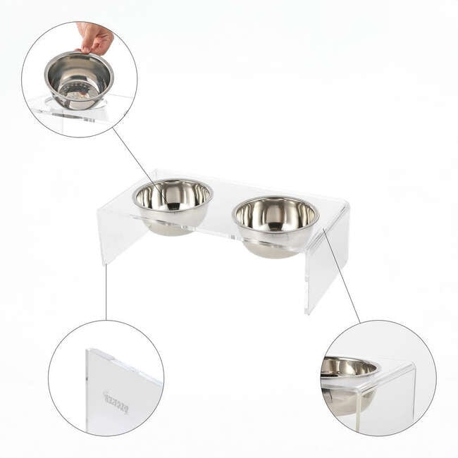 Keaton Modern Acrylic Rectangular Elevated Pet Feeder with 2 Stainless Steel Bowls, Clear/Chrome - Pet Bowls & Feeders - 4