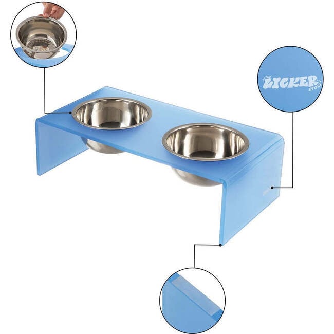 Keaton Modern Acrylic Rectangular Elevated Pet Feeder with 2 Stainless Steel Bowls, Blue/Chrome - Pet Bowls & Feeders - 4