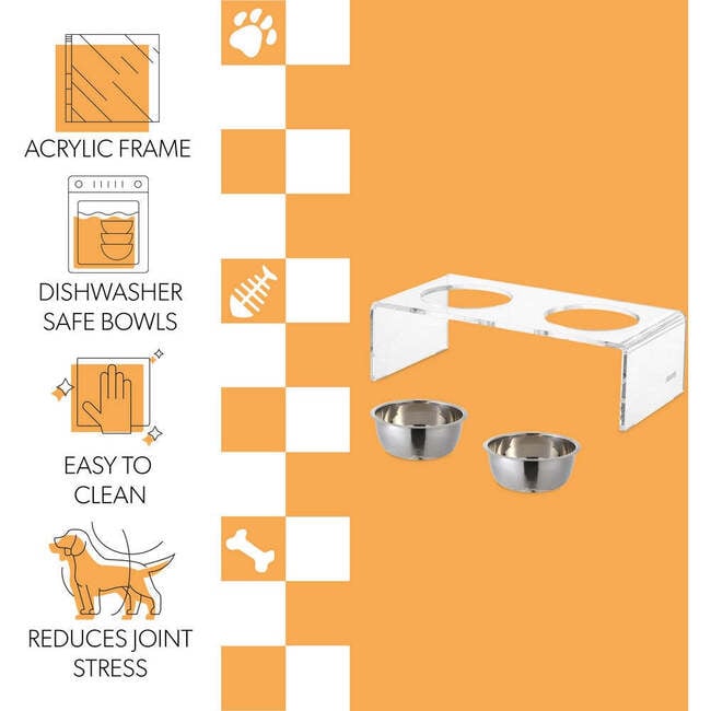 Keaton Modern Acrylic Rectangular Elevated Pet Feeder with 2 Stainless Steel Bowls, Clear/Chrome - Pet Bowls & Feeders - 5