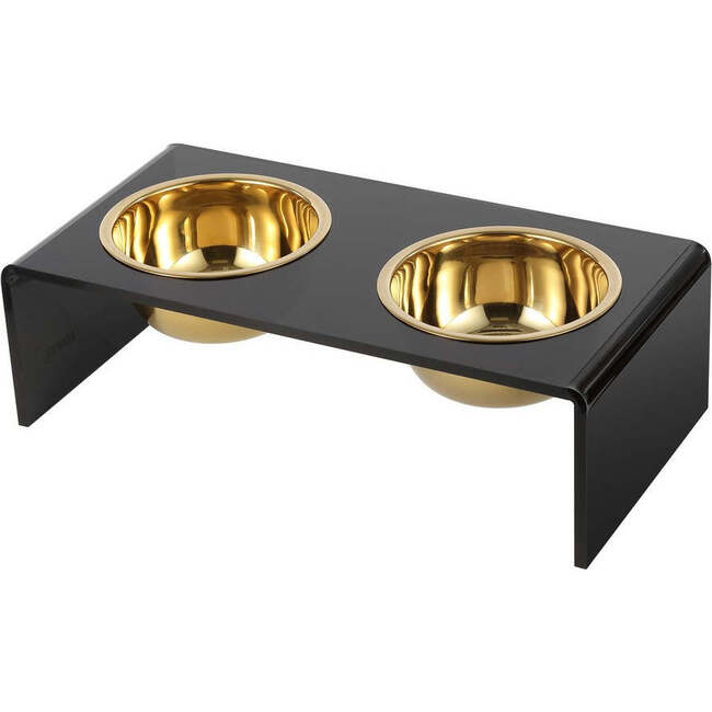 Keaton Modern Acrylic Rectangular Elevated Pet Feeder with 2 Stainless Steel Bowls, Black/Gold
