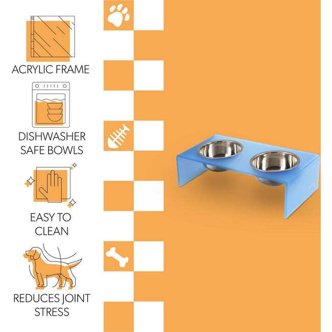 Keaton Modern Acrylic Rectangular Elevated Pet Feeder with 2 Stainless Steel Bowls, Blue/Chrome - Pet Bowls & Feeders - 5