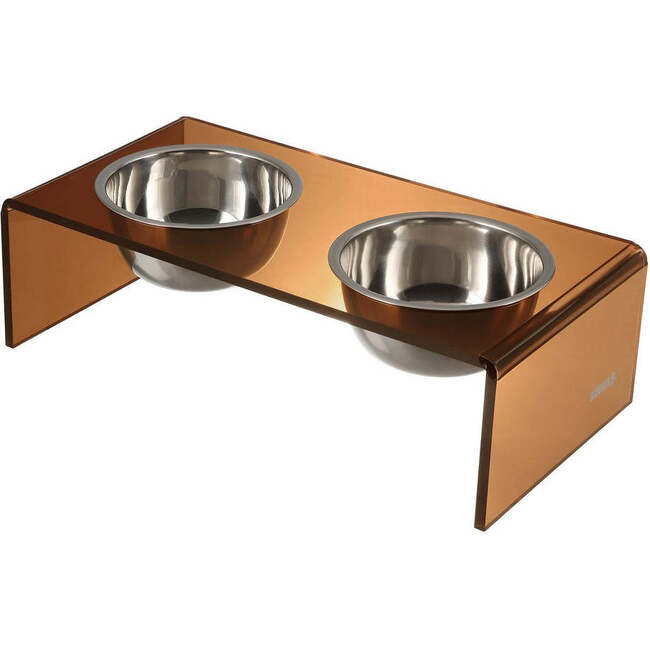 Keaton Modern Acrylic Rectangular Elevated Pet Feeder with 2 Stainless Steel Bowls, Amber/Chrome