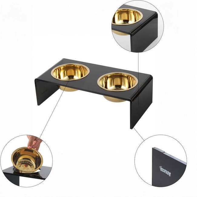 Keaton Modern Acrylic Rectangular Elevated Pet Feeder with 2 Stainless Steel Bowls, Black/Gold - Pet Bowls & Feeders - 4