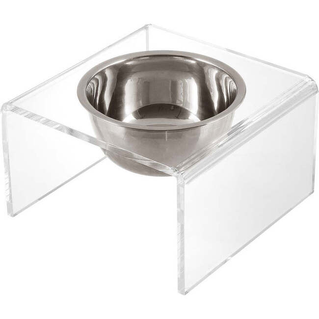 Keaton Modern Acrylic Rectangular Elevated Pet Feeder with 1 Stainless Steel Bowl, Clear/Chrome