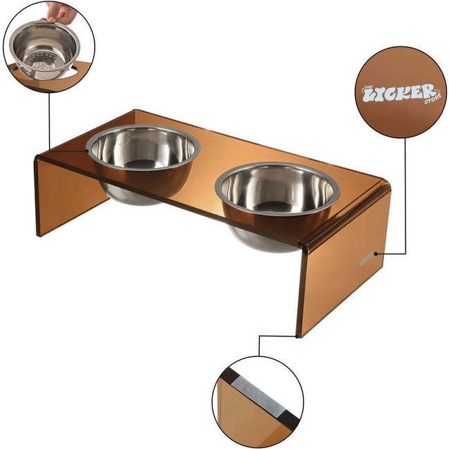 Keaton Modern Acrylic Rectangular Elevated Pet Feeder with 2 Stainless Steel Bowls, Amber/Chrome - Pet Bowls & Feeders - 4