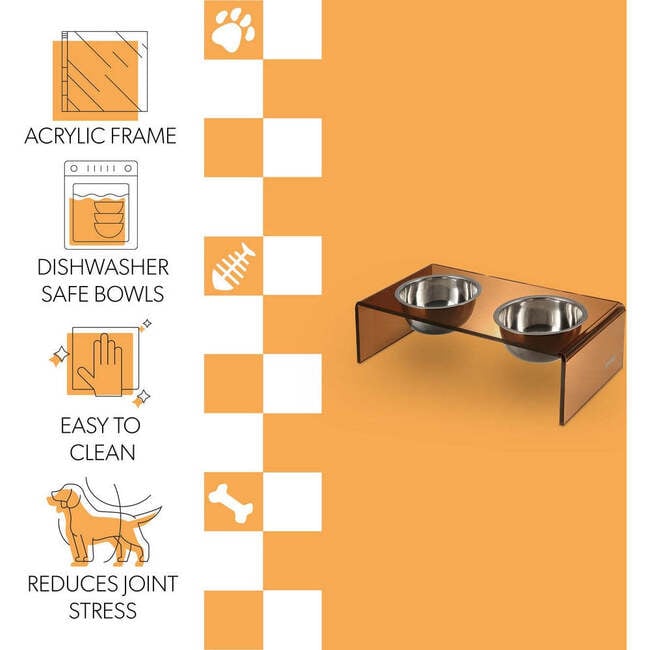 Keaton Modern Acrylic Rectangular Elevated Pet Feeder with 2 Stainless Steel Bowls, Amber/Chrome - Pet Bowls & Feeders - 5