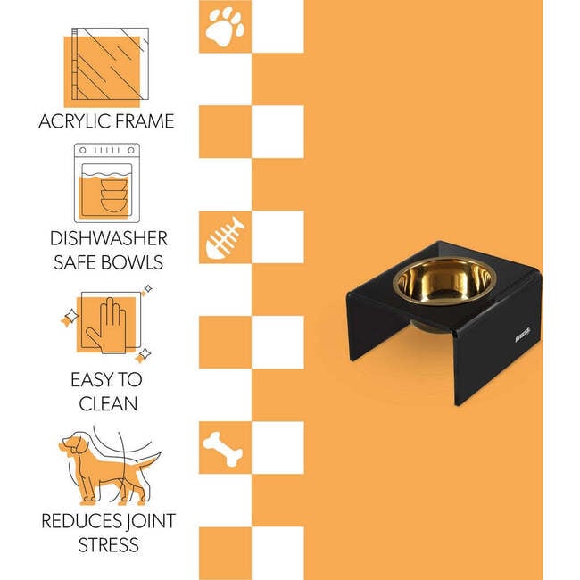 Keaton Modern Acrylic Rectangular Elevated Pet Feeder with 1 Stainless Steel Bowl, Black/Gold - Pet Bowls & Feeders - 5