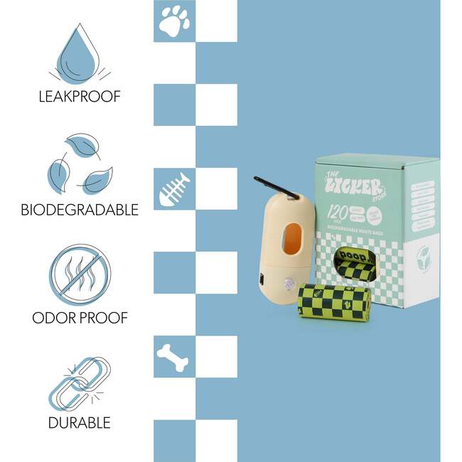 The Licker Store 13 in. x 9 in. Extra Thick Leak Proof Unscented Biodegradable Dog Poop Bags with Rechargeable LED Flashlight Dispenser, Green (120 Count, 8 Rolls) - Poop Bags & Dispensers - 3