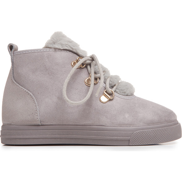 Amy Suede Lace-Up Faux-Fur Sneaker Booties, Grey