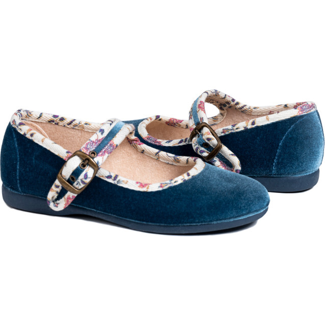 Floral Velvet Mary Janes, Blue - Mary Janes - 2